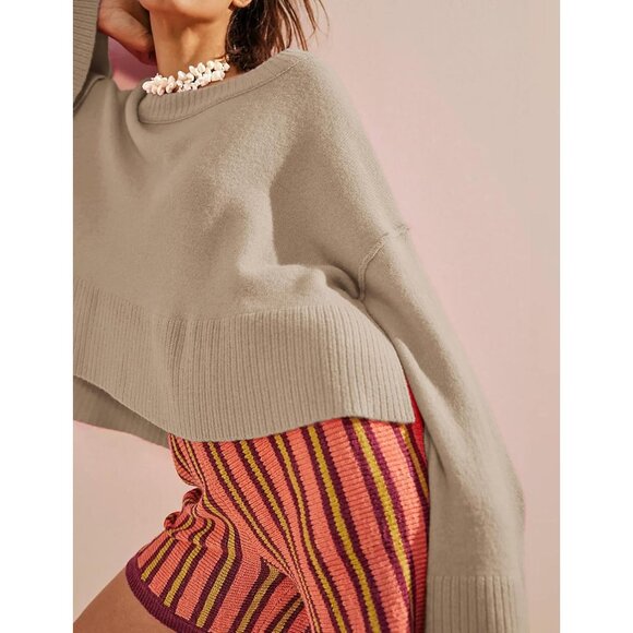 Womens Lightweight Knit Sweater Crewneck Bell Sleeves Pullover Casual Soft - Picture 2 of 5